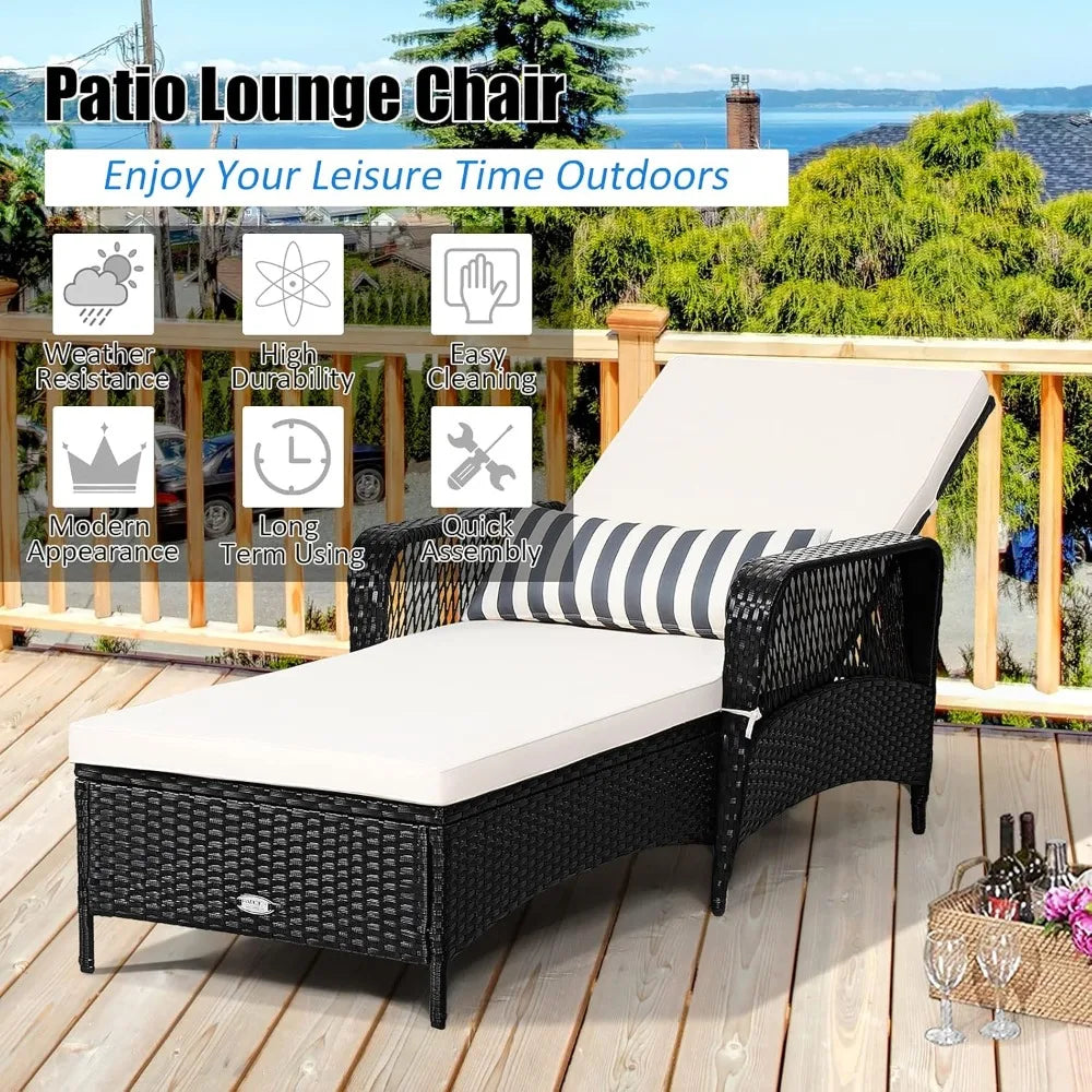 Wicker Chaise Lounge Outdoor Rattan With Adjustable Backrest Cushioned Pad