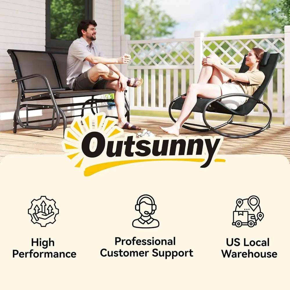 2 Person Outdoor Glider Bench Double Swing Rocking Chair Black Patio Porch