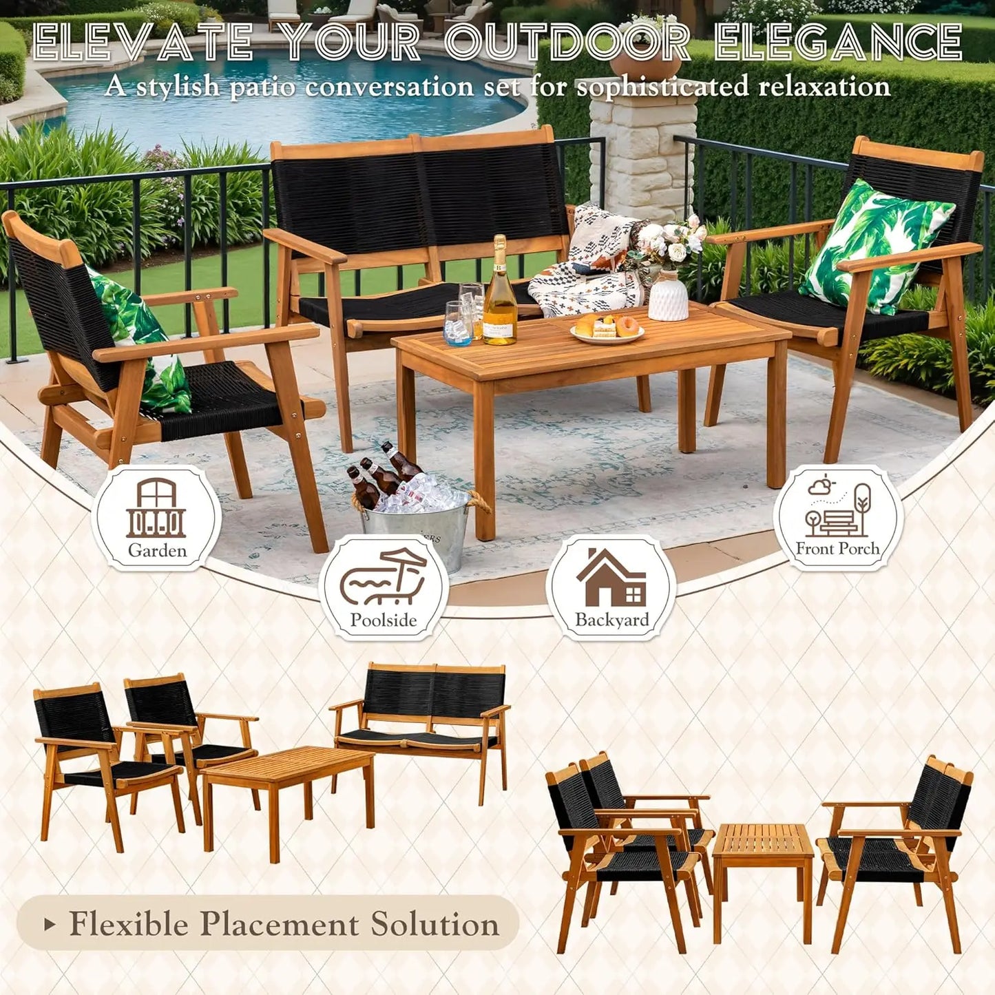 Four Piece Acacia Wood Patio Conversation Set With Hand Woven Rope Seats Outdoor