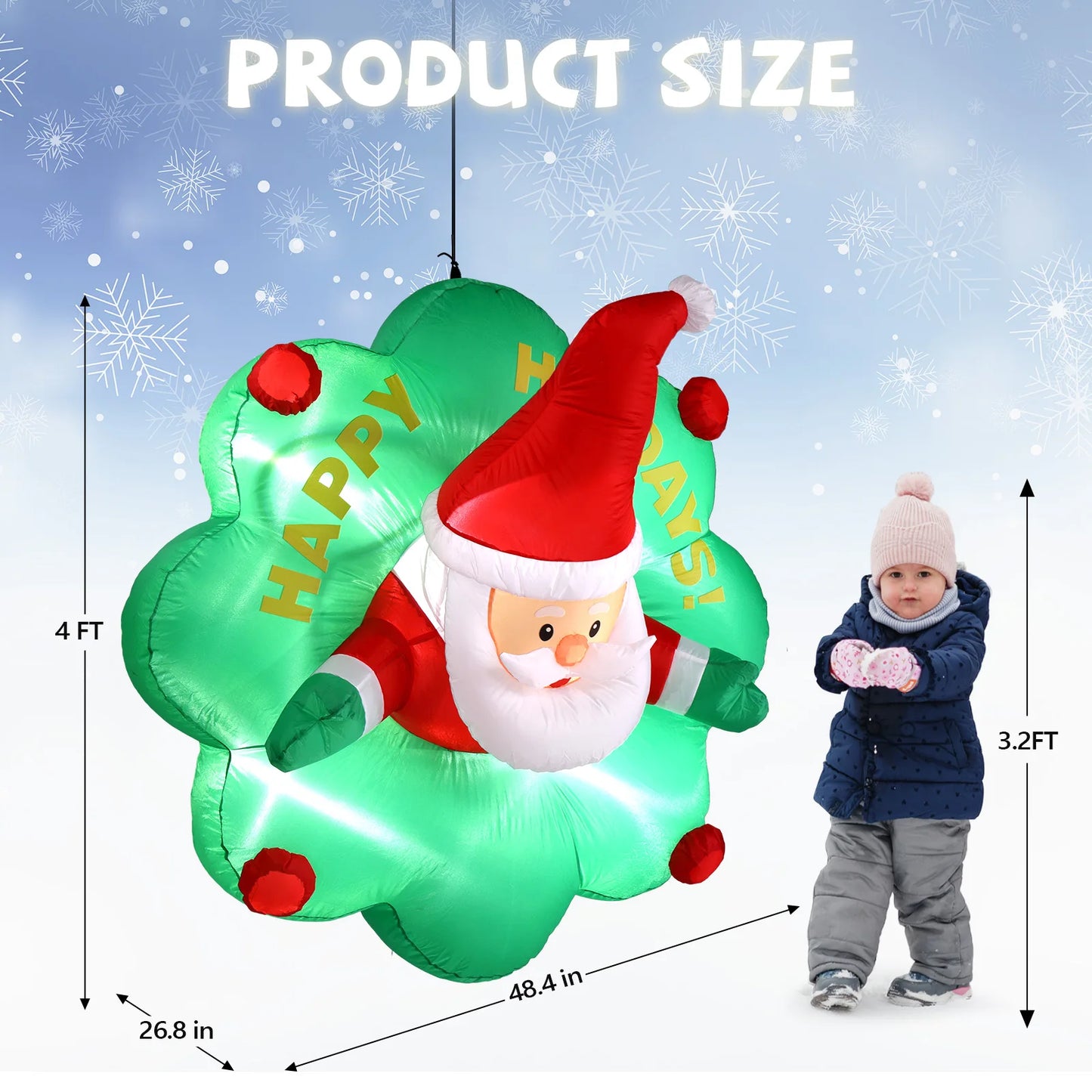 4 Foot Inflatable Santa Window Decor With Wreath LED Lights