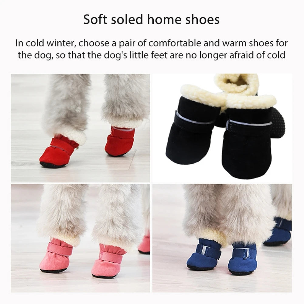 4 Pcs Pet Dog Snow Boots Warm Plush Shoes Small Medium Dogs Cats Non Slip Soles