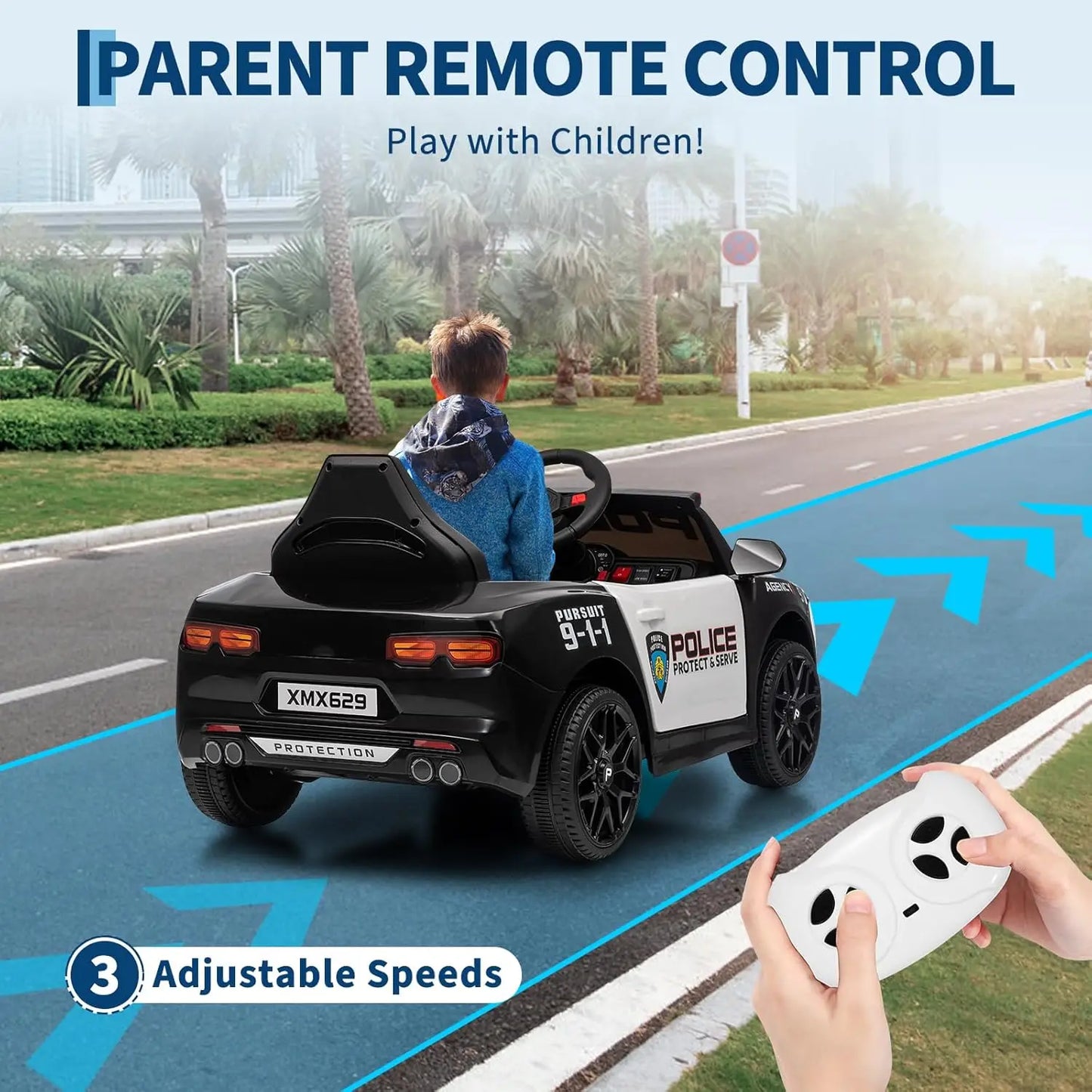 12V Police Ride On Car For Kids With Remote Control Lights Tones Music