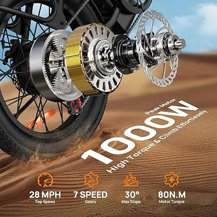 Urlife 1000W E20 Electric Bike 48V 13Ah Removable Battery Fat Tire 20x3 Brakes
