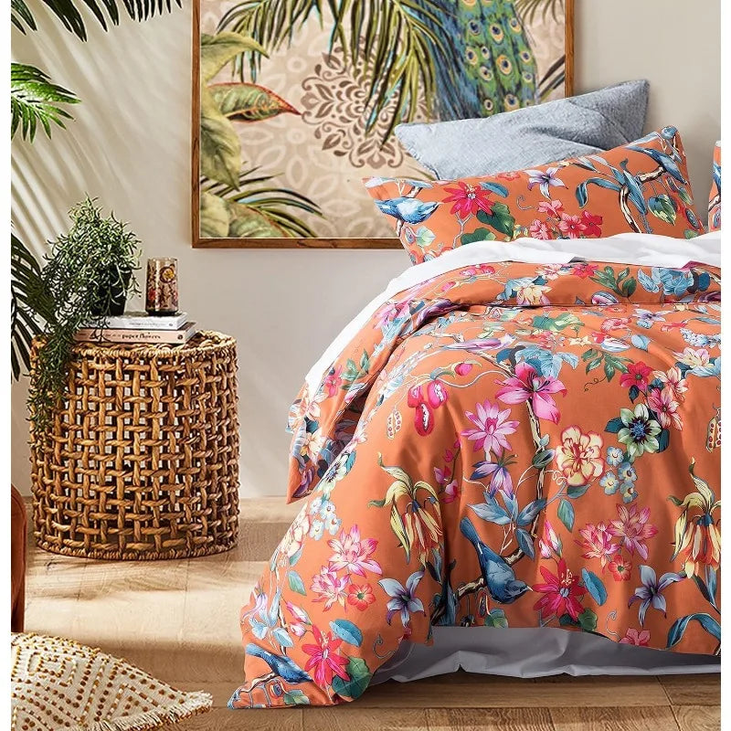 Botanical Garden Duvet Cover Set Chinoiserie Orange Cotton