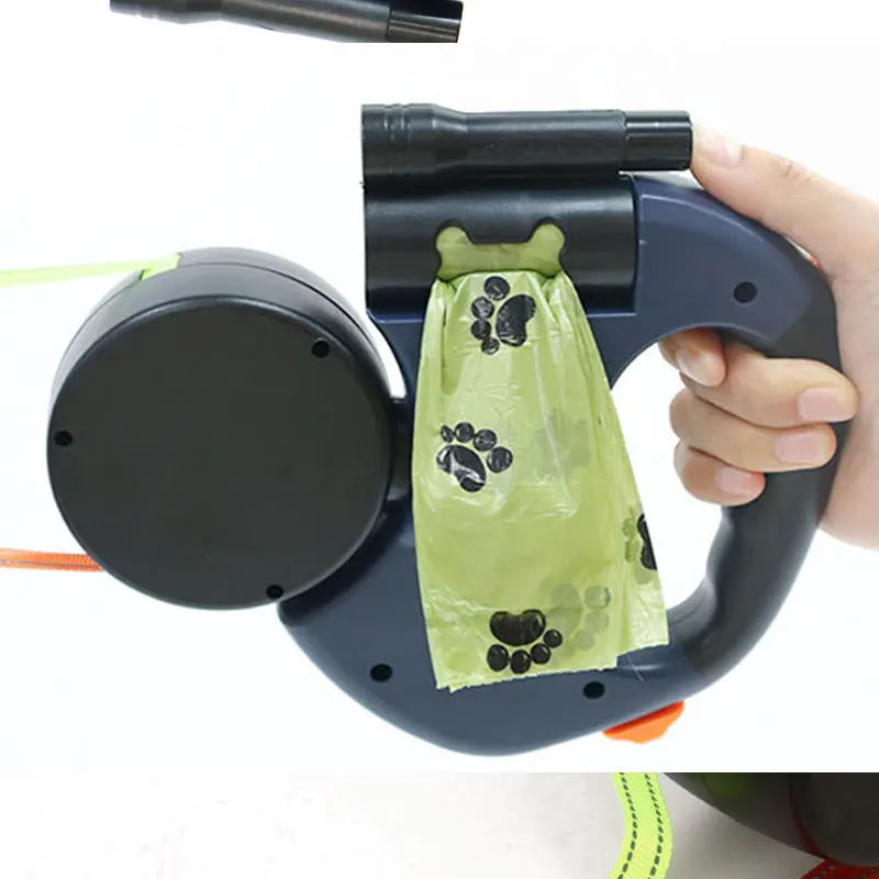 3In1 Double Head Retractable Dog Leash With Flashlight Poop Bag Dispenser