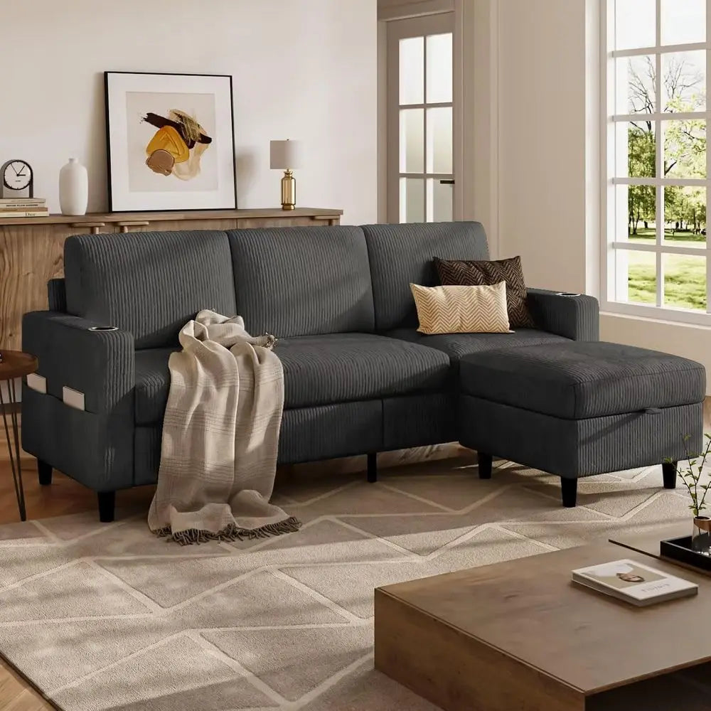 Three Seat L Shaped Sectional Sofa With Storage Ottoman And Cup Holders Grey