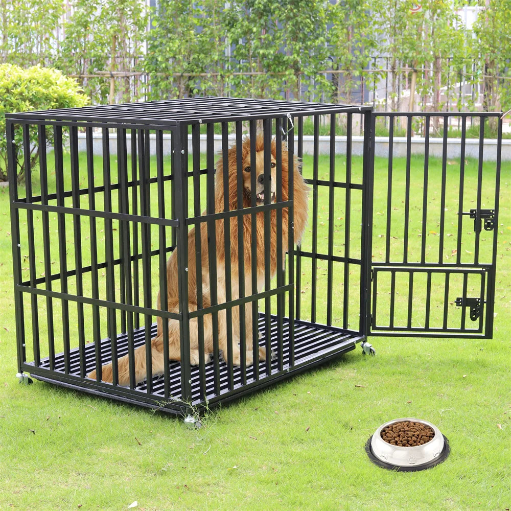 XXL Heavy Duty Dog Crate With Lockable Wheels And Tray Square Tube Metal Kennel