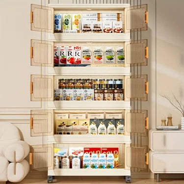 3 To 5 Tier Foldable Cabinet With Wheels Plastic Lidded Storage Box