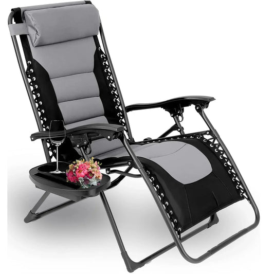 Padded Zero Gravity Lounge Chair Folding Patio Recliner with Adjustable Headrest and Cup Holder Supports 160kg Outdoor Sun Loungers