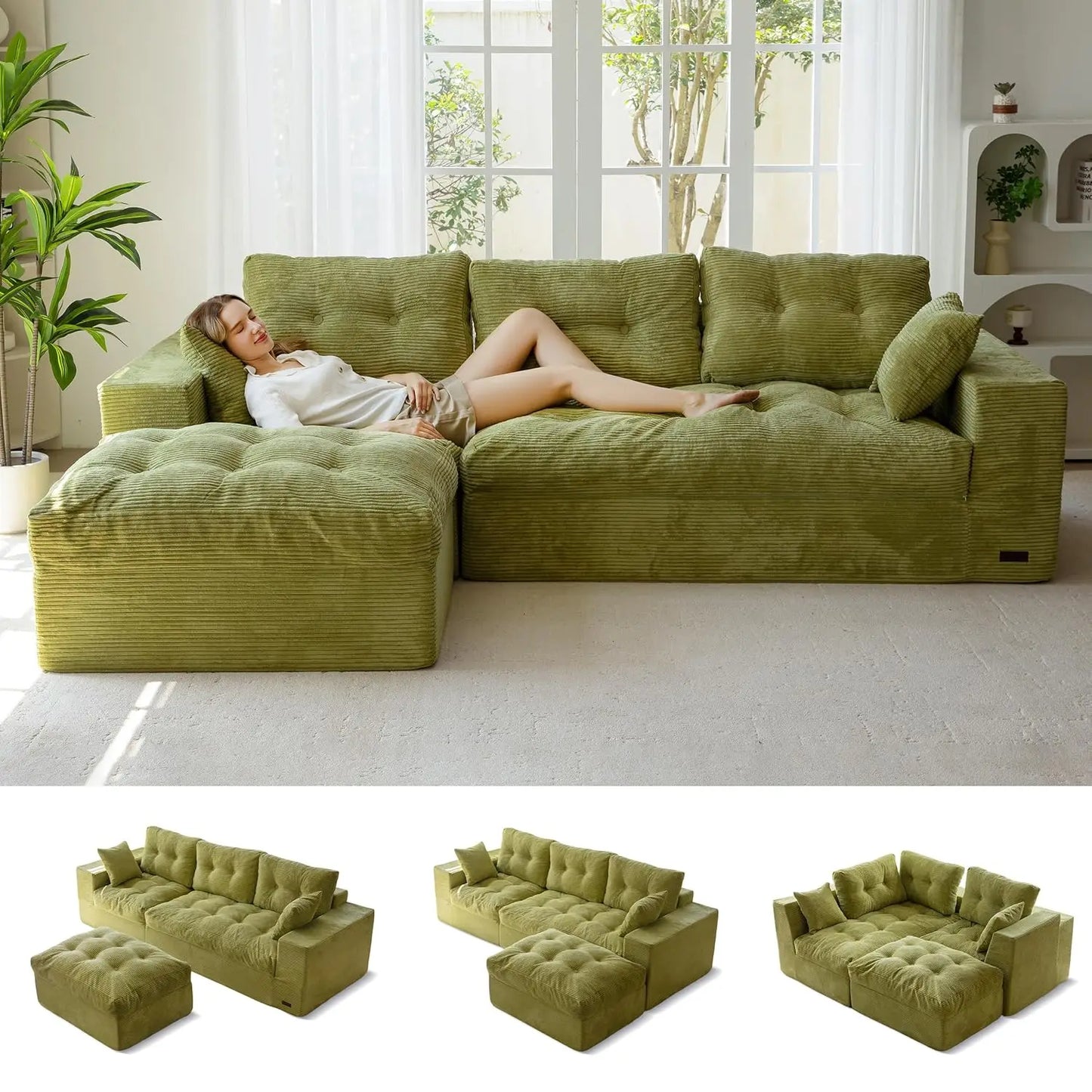 104 Inch L Shaped Modular Sectional Sofa With Ottoman Layered Cushions