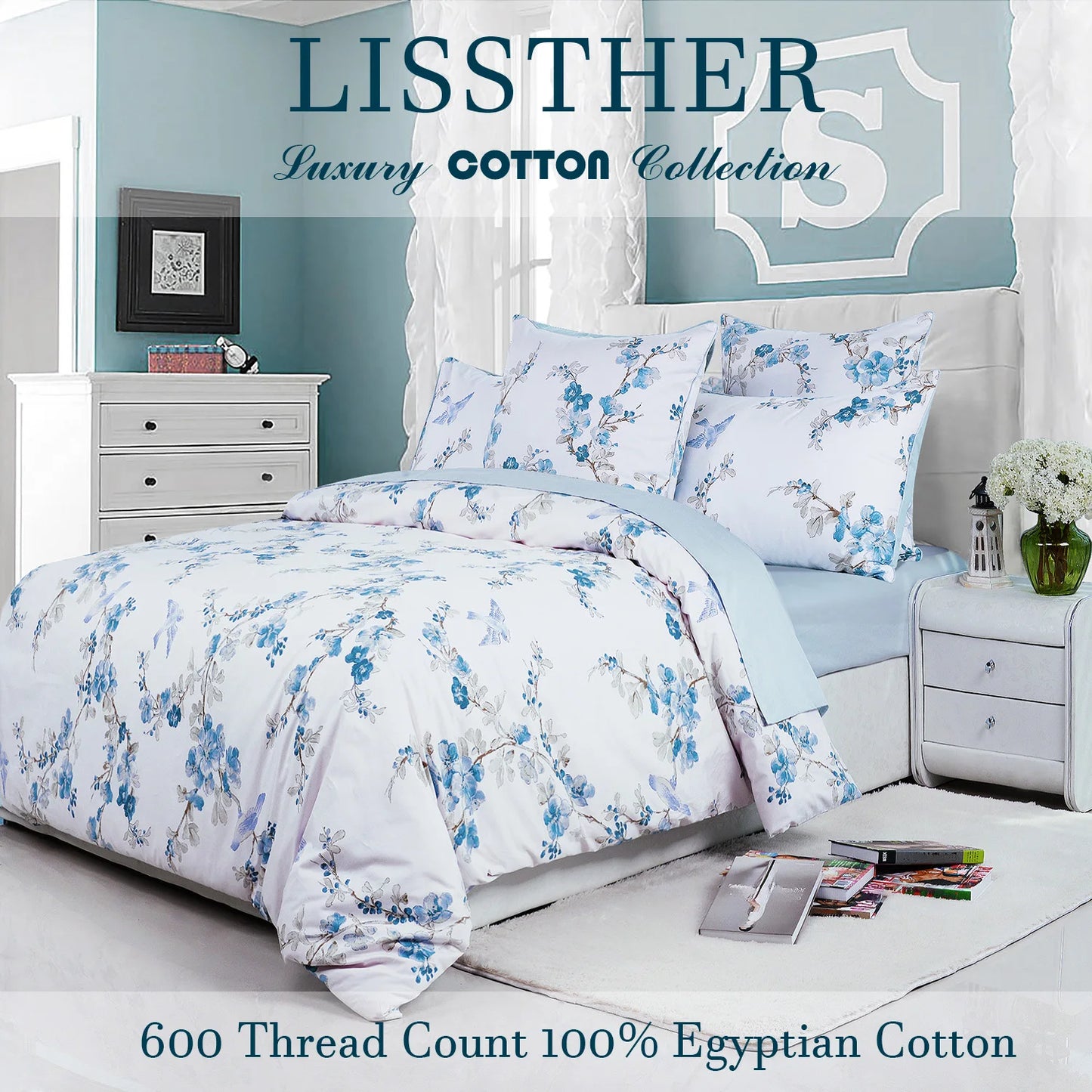 3Pc 600TC Egyptian Cotton Duvet Cover Set Blue Floral