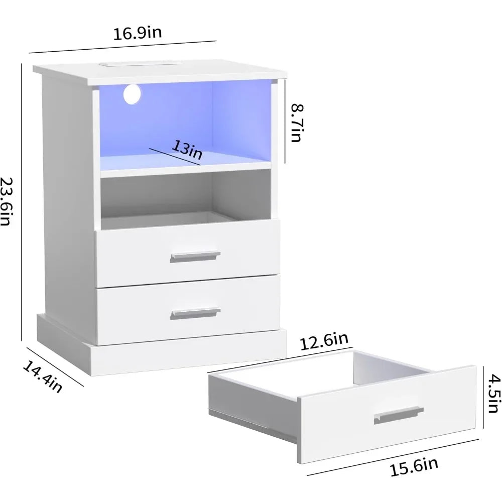 Nightstand With Charging Station LED Lights Drawers
