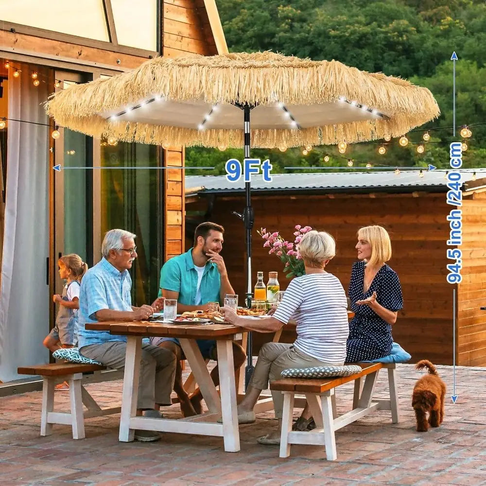 Hawaiian Inspired 9 Foot Solar Thatch Umbrella With 32 LEDs UPF 50 Plus Patios