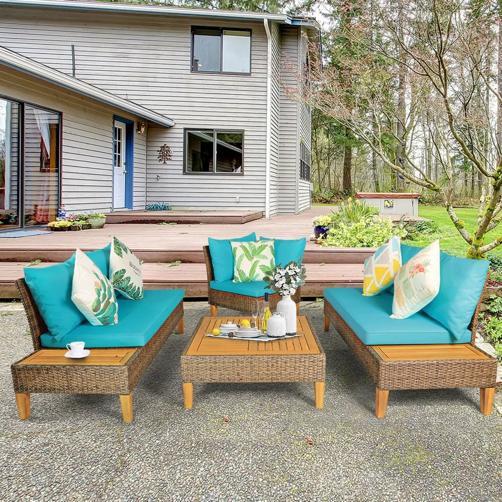 4 Piece Rattan Patio Sofa Set With Turquoise Cushions Outdoor Furniture