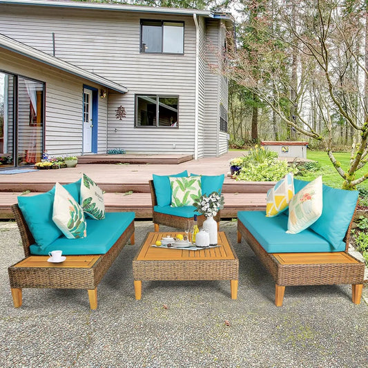 4 Piece Rattan Patio Sofa Set With Turquoise Cushions Outdoor Furniture
