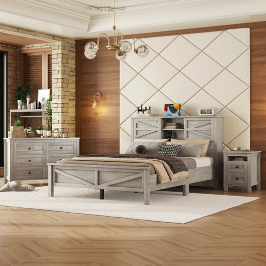 3 Piece Farmhouse Bedroom Set Queen Platform Bed Headboard Storage And Charging