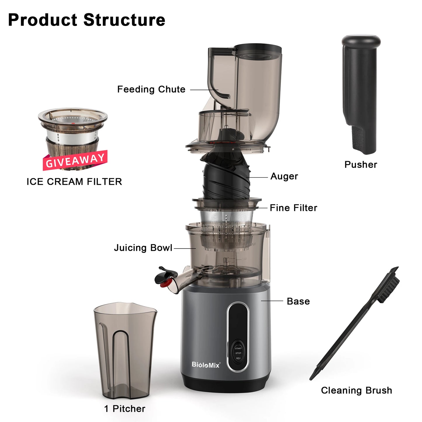 BioloMix Cold Press Juicer with 78mm Feed Chute and 200W Powerful Motor for Whole Fruits and Vegetables