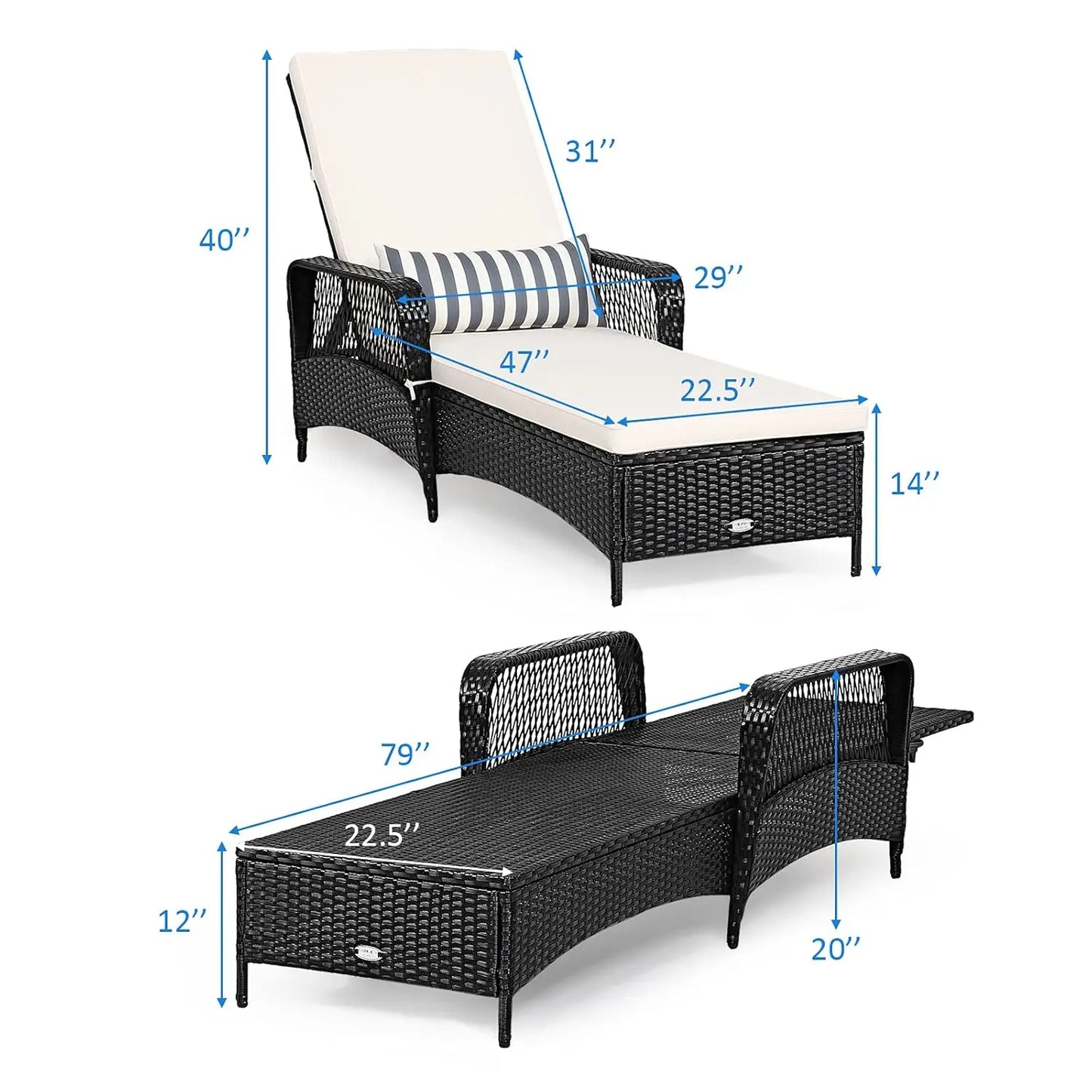 Wicker Chaise Lounge Outdoor Rattan With Adjustable Backrest Cushioned Pad