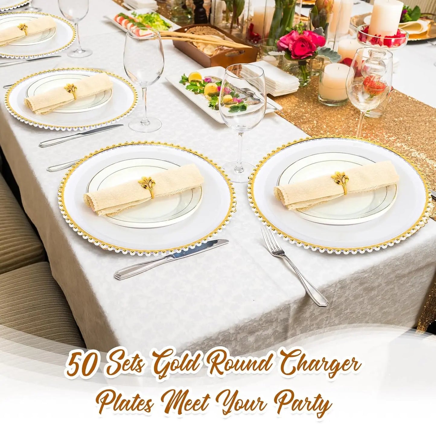 50 Set Clear Charger Plates Bulk 13 Inch Beaded Plastic Charger Plates with Napkin Rings Acrylic Round Dinner Table Decorative Plates for Party Wedding Thanksgiving