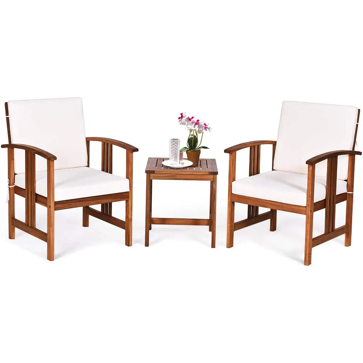 3 Piece Patio Furniture Set With Acacia Wood Cushioned Chairs And Coffee Table