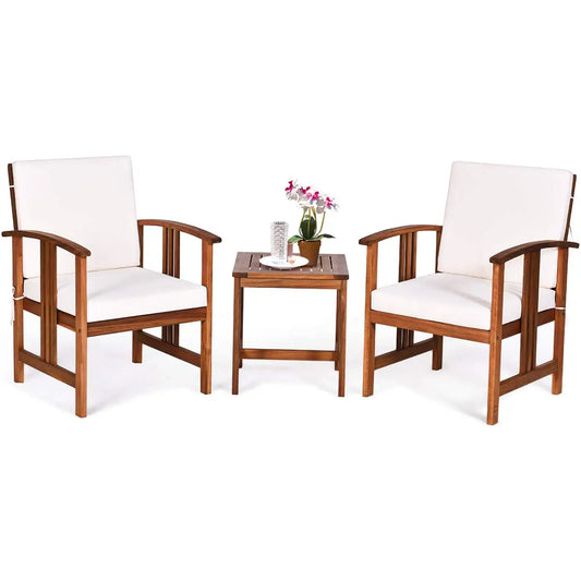 3 Piece Patio Furniture Set With Acacia Wood Cushioned Chairs And Coffee Table