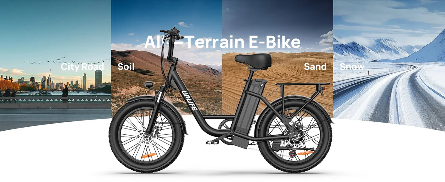 Urlife 1000W E20 Electric Bike 48V 13Ah Removable Battery Fat Tire 20x3 Brakes