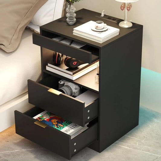 LED Nightstand With Charging Station 3 Drawers End Table