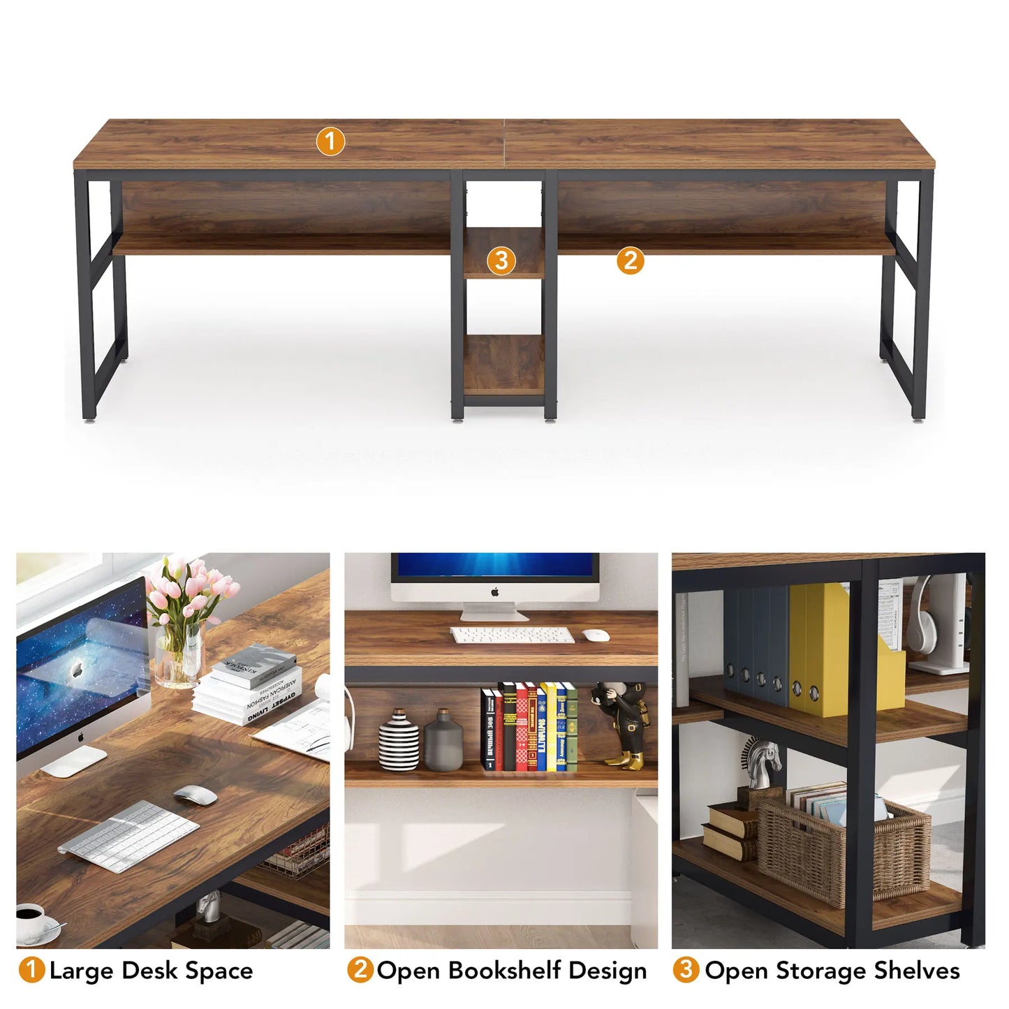 Tribesigns Two Person Desk With Bookshelf 78.7 Inch Rustic Double Computer Desk