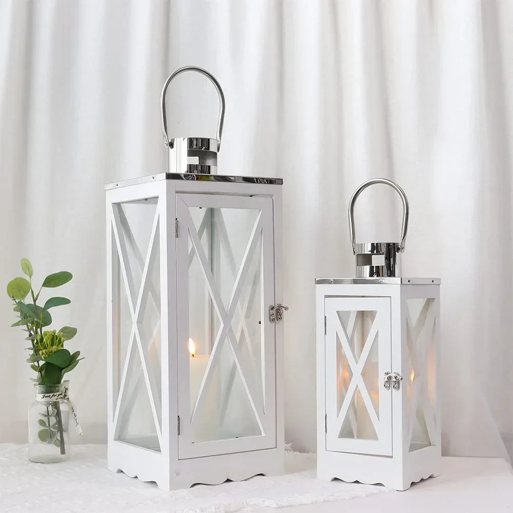 Farmhouse Wood Lantern With Tempered Glass And Steel Handle