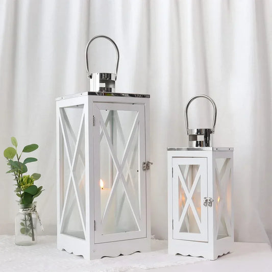Farmhouse Wood Lantern With Tempered Glass And Steel Handle