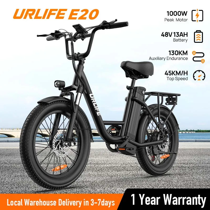 Urlife 1000W E20 Electric Bike 48V 13Ah Removable Battery Fat Tire 20x3 Brakes