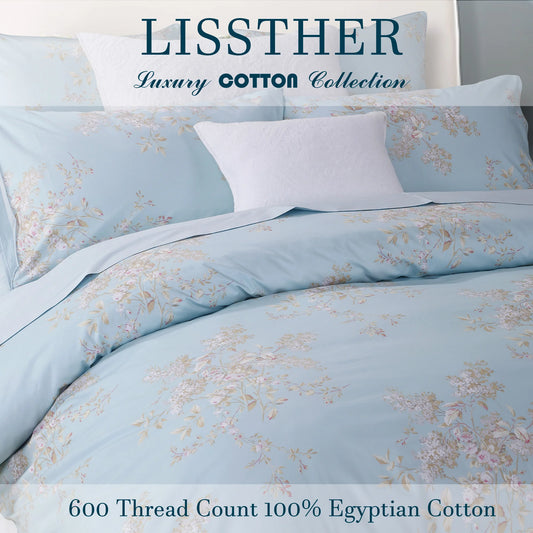 3 Pcs 600TC Egyptian Cotton Duvet Cover Set Vintage Blue Tassel Skin Friendly