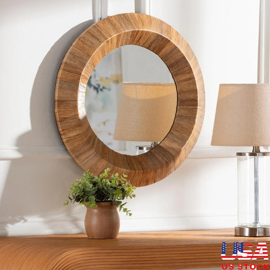 Bohemian Accent Wall Mirror Natural Grasscloth Frame Fully Assembled Concave Design Wall Mountable Home Decor