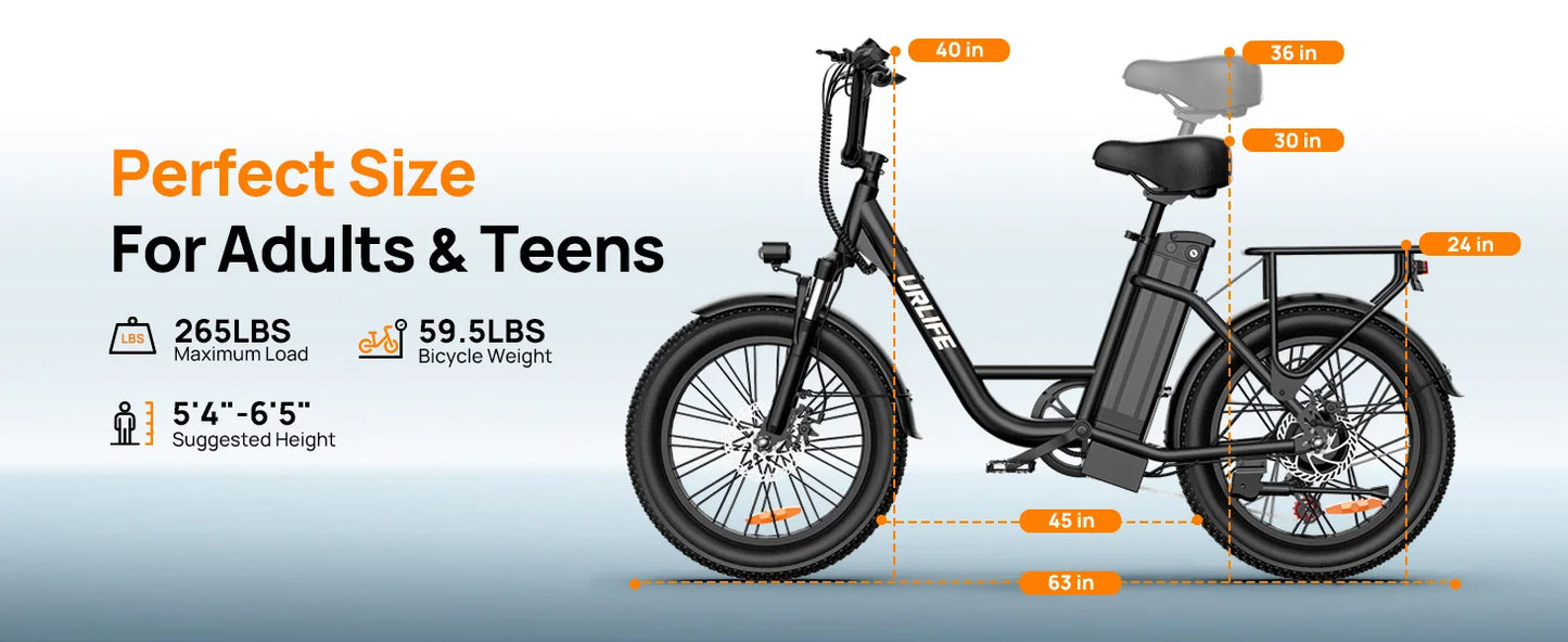 Urlife 1000W E20 Electric Bike 48V 13Ah Removable Battery Fat Tire 20x3 Brakes