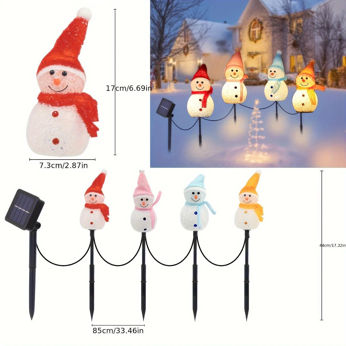 Solar Powered Snowman Lights 4-Piece Set With 1 Solar Panel Christmas Lawn LED