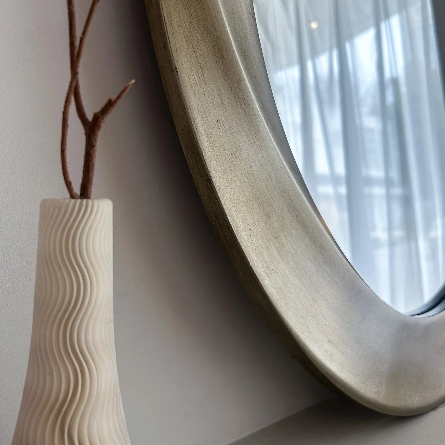 Large Oval Baroque Wall Mirror Silver Glass Vanity with Brass Edge Frame for Modern Minimalist Home Decor 32x24 Inch
