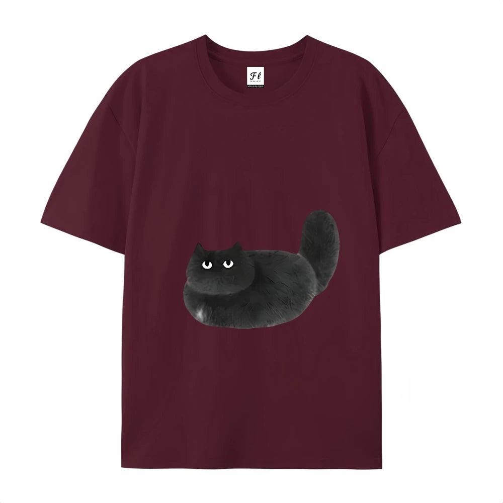 Womens Casual Black Cat Cartoon Print Short Sleeve TShirt Durable Machine Washable