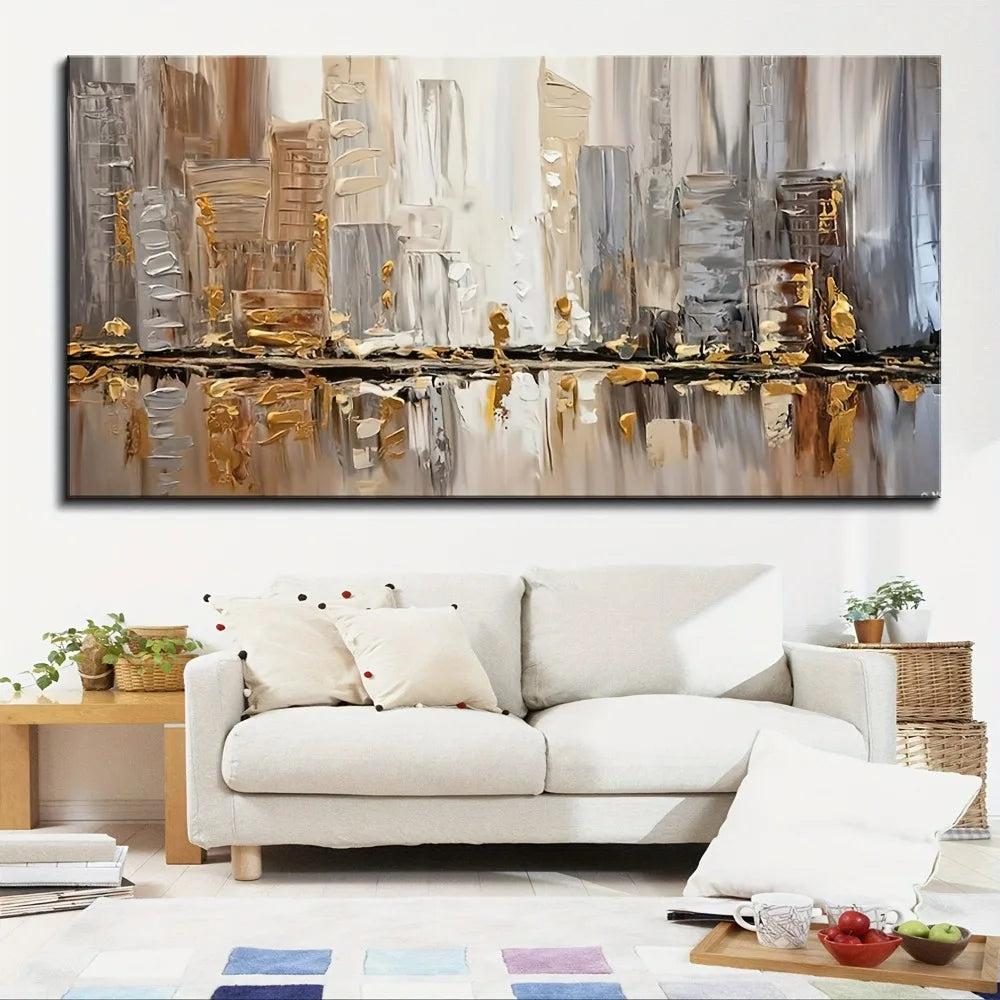 Large Abstract Oil Painting Thick Pine Frame Art Deco Neutral Tones Gold Accents