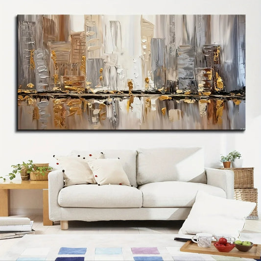 Large Abstract Oil Painting Thick Pine Frame Art Deco Neutral Tones Gold Accents