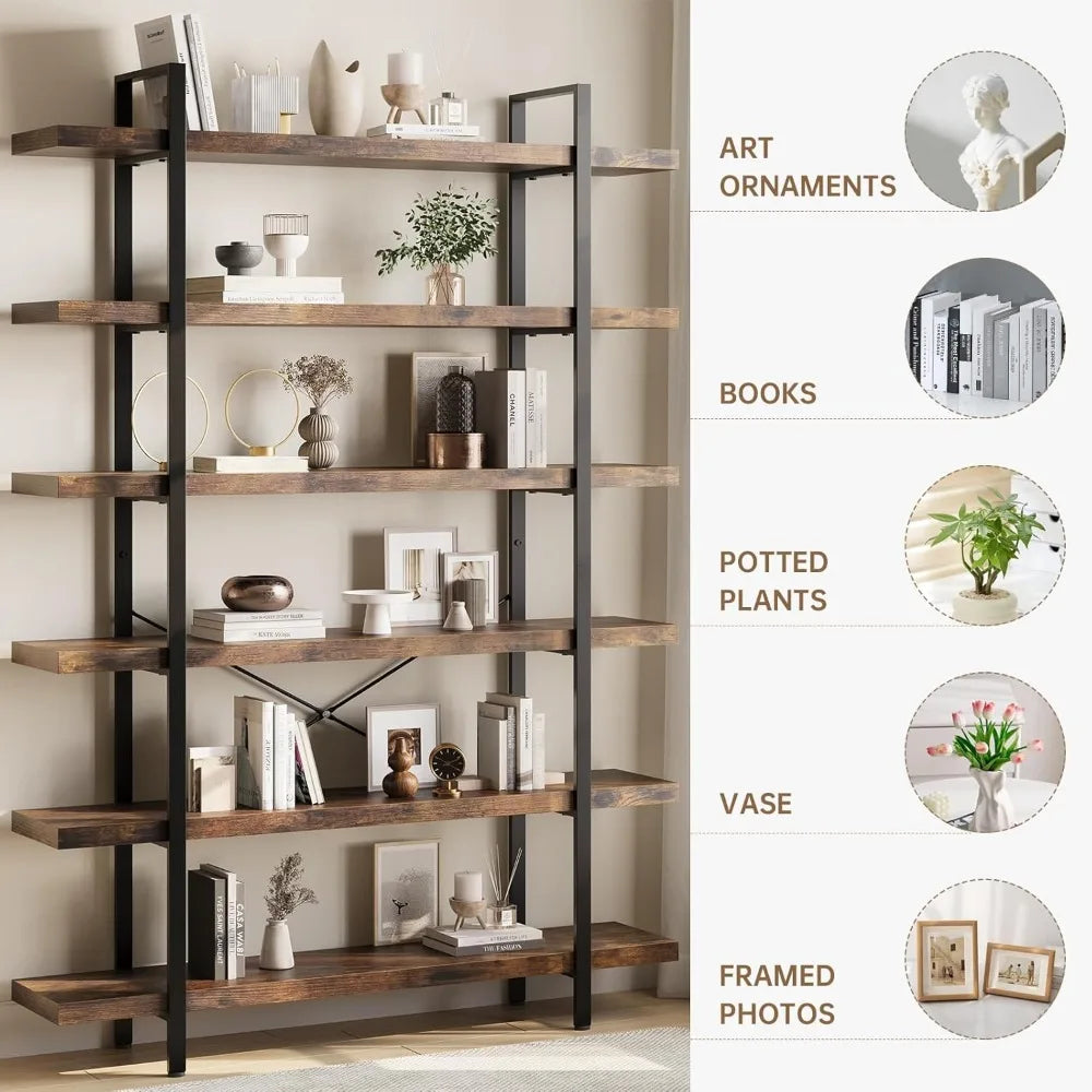 Industrial Rustic Six Tier Bookshelf 47 Inch Wide 120 Lb Capacity Home Office
