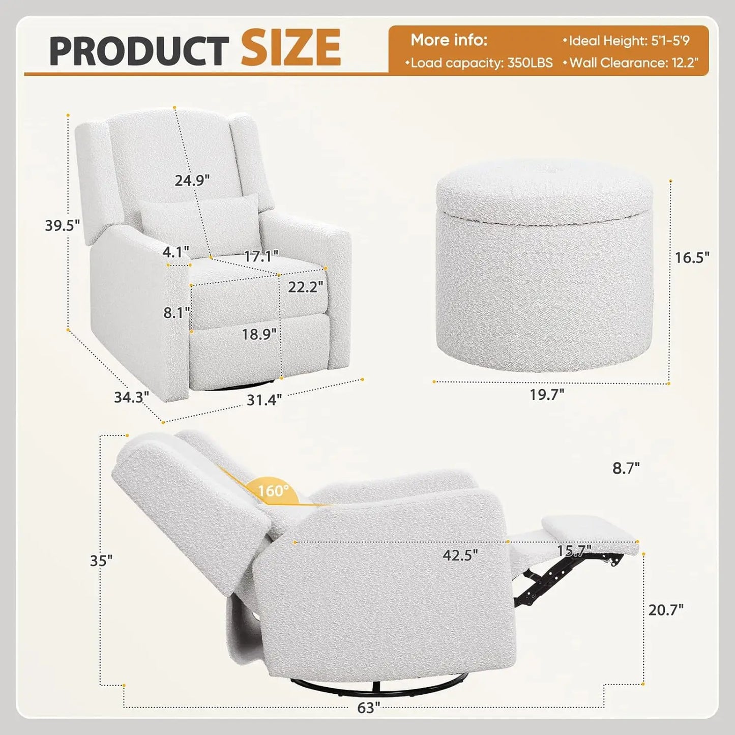 Power Recliner With USB Port Boucle Upholstered Large Swivel Rocker Recliner