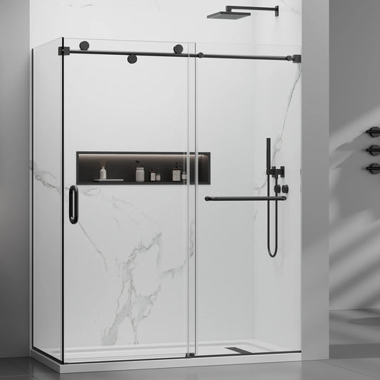 56-60 x 76 Frameless Sliding Shower Door Matte Black Glass