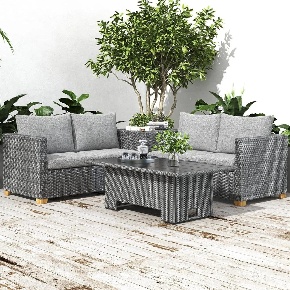 Outdoor Wicker Dining Table With Adjustable Lift Top Gray