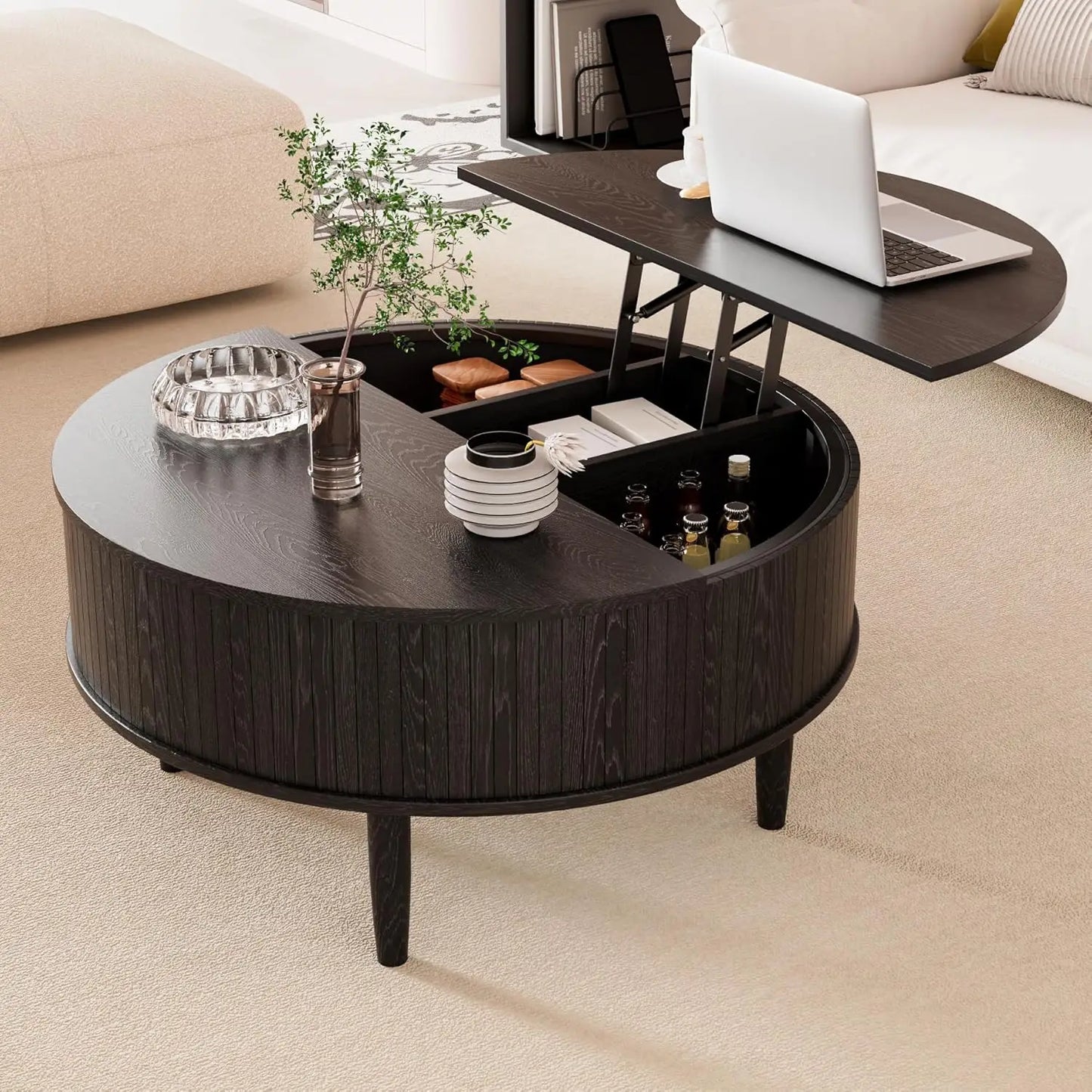 Round Fluted Lift Top Coffee Table With Storage Living Room