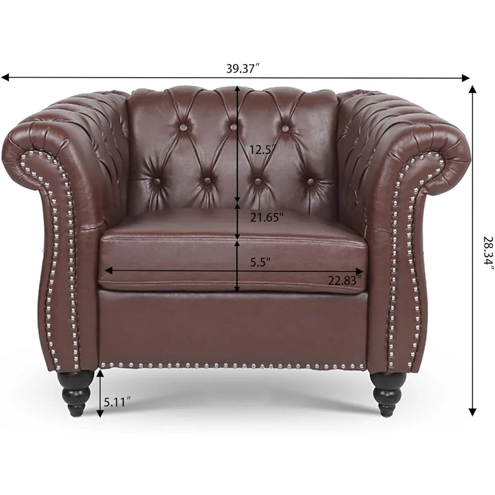 Leather Chesterfield Chair Mid Century Modern Tufted Rolled Armchair For Home