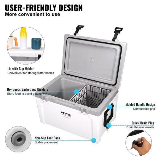 Insulated Portable Cooler 52 Qt Holds 50 Cans Ice Retention Hard Cooler Camping