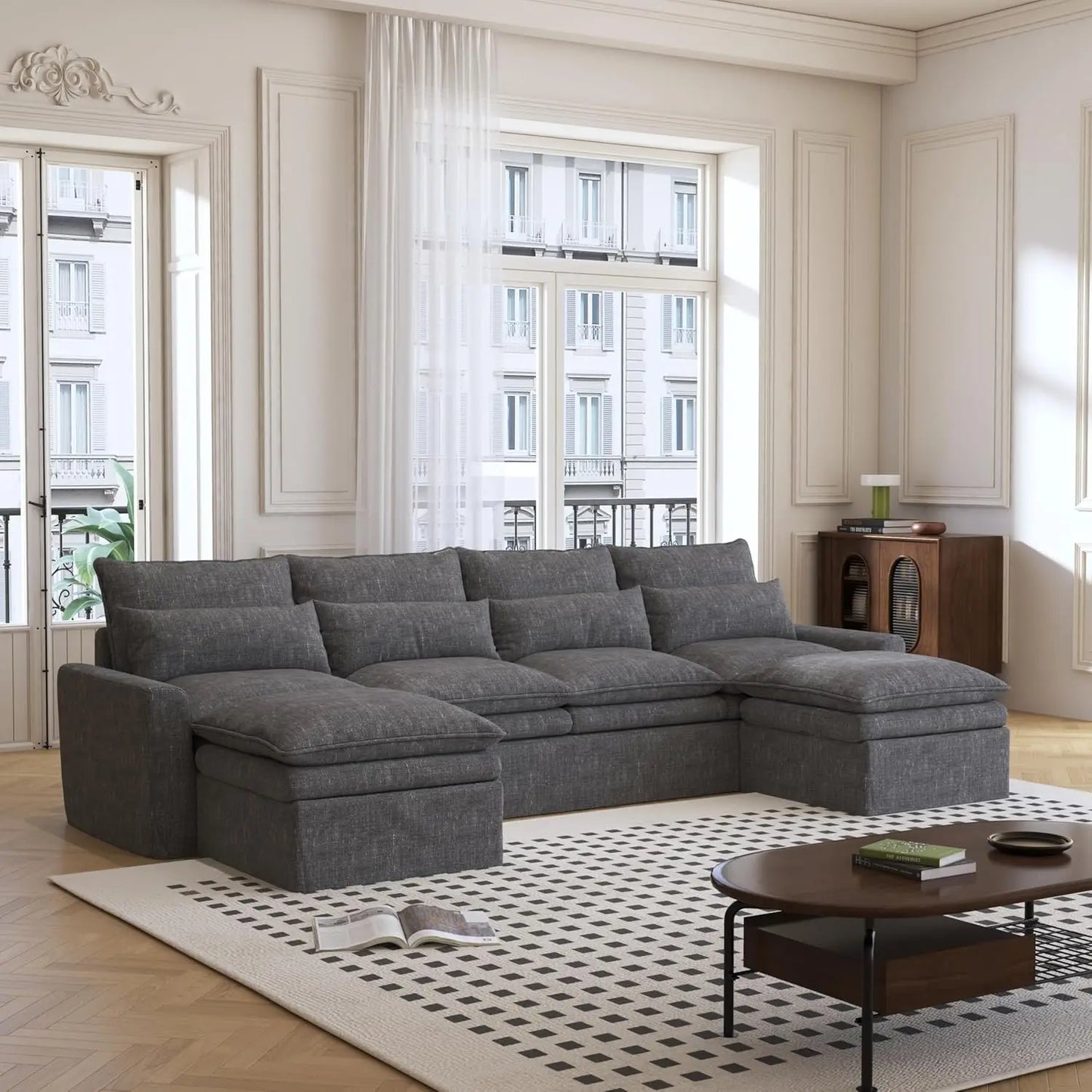 122 Inch U Shaped Modular Sectional Sofa With Movable Ottoman And Covers