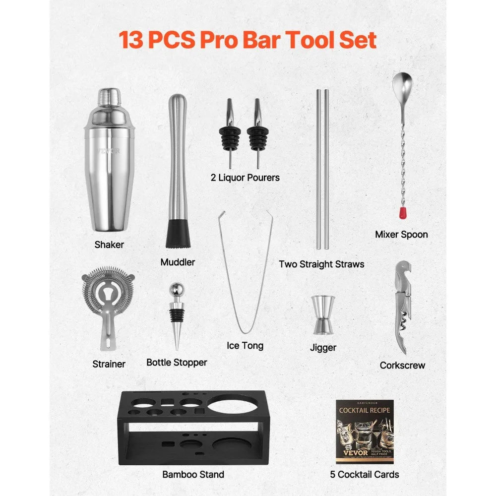 Cocktail Shaker Set 13 Pcs Bar Tool Kit Stainless Steel