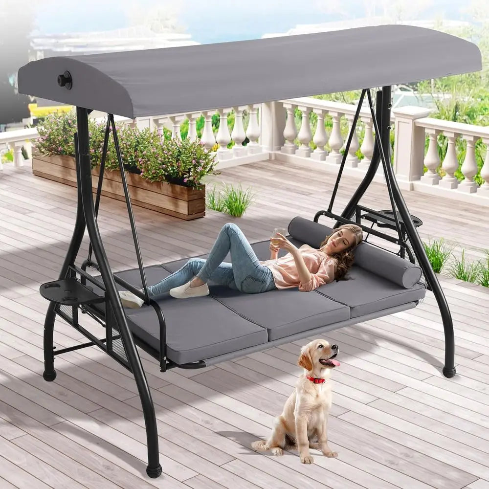 3 Person Outdoor Porch Swing With Stand Convertible Two In One Bed Cup Holder