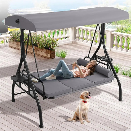 3 Person Outdoor Porch Swing With Stand Convertible Two In One Bed Cup Holder